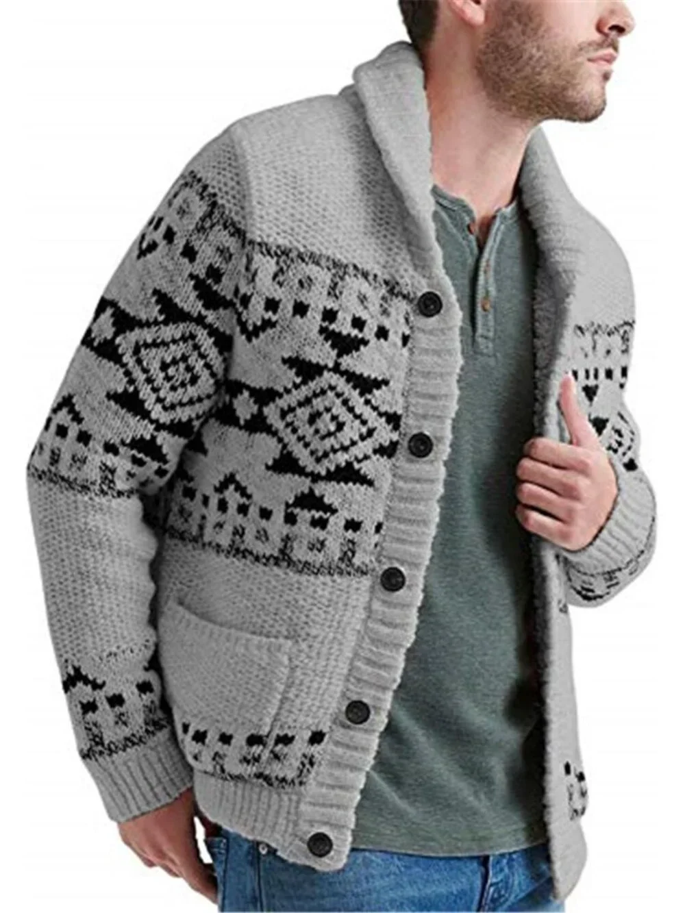 Men's Shawl Collar Cardigan Sweater Multi Color Button Down Knitted Sweater